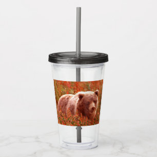 Verre En Acrylique Grizzly Bear Cub dans Fireweed Peinture Art de la