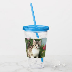 Verre En Acrylique Illustration vintage de chat avec Fleurs rouges
