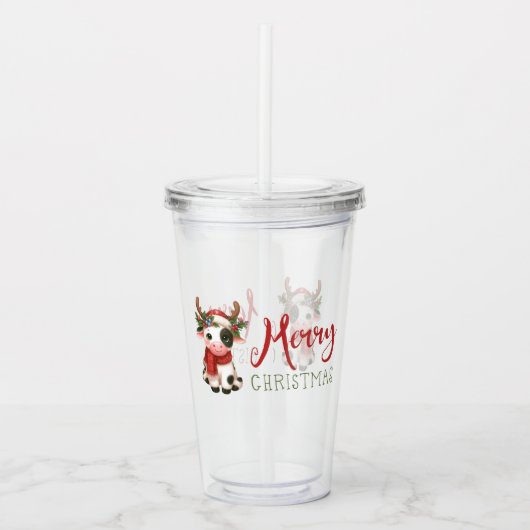 Verre En Acrylique Jolie vache de Noël mignonne (Devant)