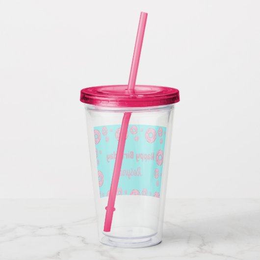 Verre En Acrylique Joyeux anniversaire crème rose beignets bleu (Dos)