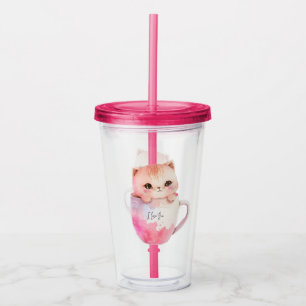 Verre En Acrylique Kawaii Chat Chibi Rose Blushing