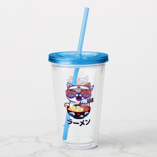 Verre En Acrylique Kawaii Chat Manger Ramen - Jolies nouilles japonai (Dos)