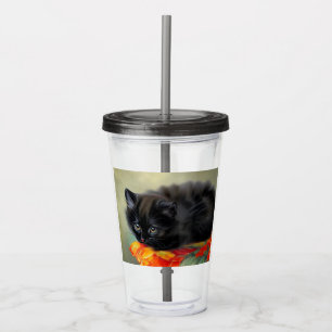 Verre En Acrylique Kitten noir vintage avec couverture de fleurs roug