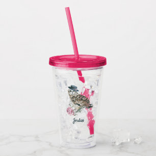 Verre En Acrylique Le hibou d'aquarelle   ajoutent votre nom