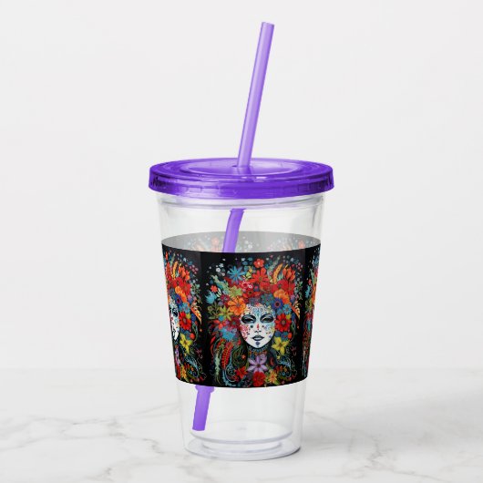 Verre En Acrylique Mardi Gras Party Masque & Coiffure Purple Paille & (Dos)