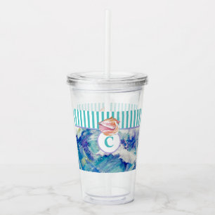 Verre En Acrylique Monogramme Bleu Mer Abstrait Coquillages