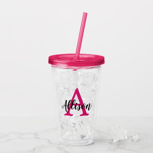 Verre En Acrylique Monogramme personnalisé de script rose fillette  (Dos glace)