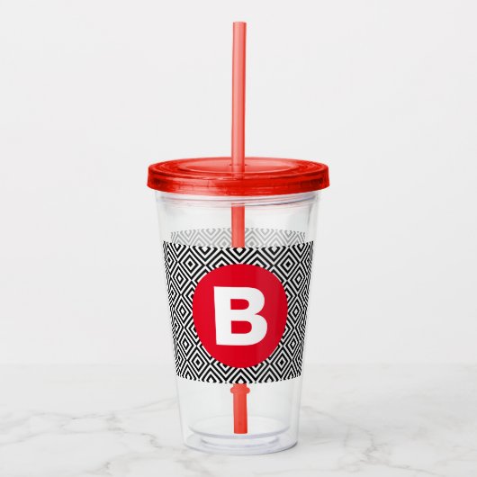 Verre En Acrylique Motif géométrique noir et blanc Monogramme rouge (Devant)