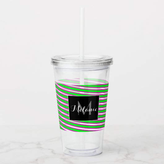 Verre En Acrylique Neon Spiral Ribbon Stripes Monogramme Nom personna (Devant)