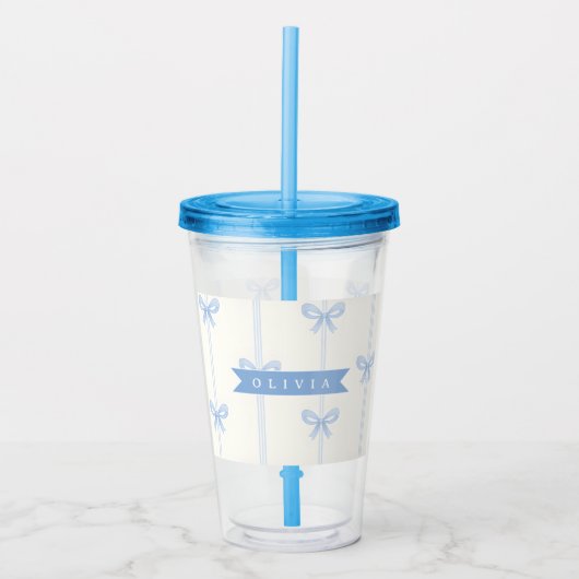Verre En Acrylique Nœud Bleu Personnalisé Coquette Nom Esthétique (Devant)