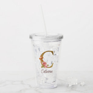 Verre En Acrylique Nom personnalisé Blush Rose Fleur Lettre C Or