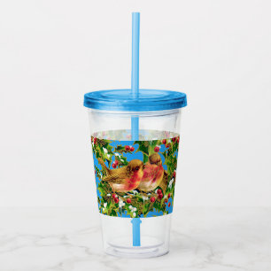 Verre En Acrylique Oiseaux de Noël Vintage Holly Faux Motif d'or