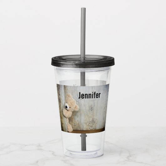 Verre En Acrylique Ours Cute Stuffé Mur Rustique En Bois (Devant)