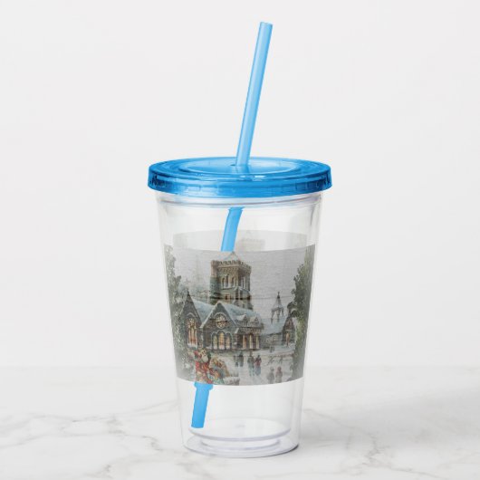 Verre En Acrylique Père Noël ancienne avec enfants devant une église (Dos)