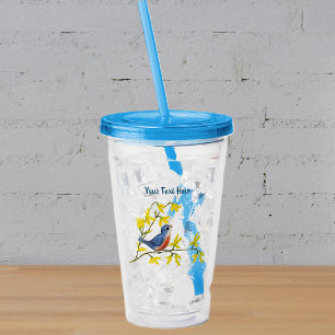 Verre En Acrylique Petit Tweet Blue Red Bird Branch Fleur Jaune