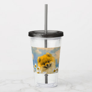 Verre En Acrylique Poméranien dans Daisies Peinture - Art Chien origi