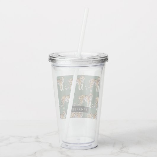 Verre En Acrylique Tigres d'aquarelle verte tropicale Motif avec nom (Dos)