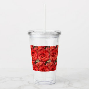 Verre En Acrylique Tumbler en acrylique floral Rose rouge avec paille