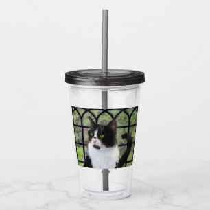 Verre En Acrylique Tuxedo Chat dans la peinture de fenêtre Art animal