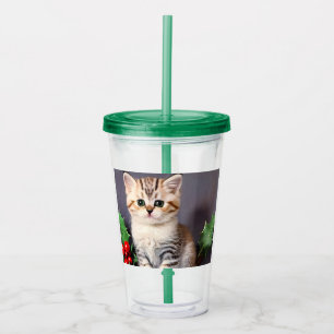 Verre En Acrylique Vintage Christmas Kitten et Holly