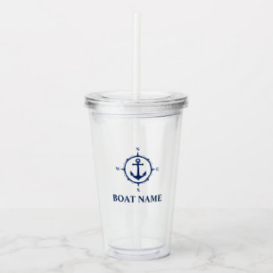 Verre En Acrylique Votre nom de bateau Ancre de la boussole bleue