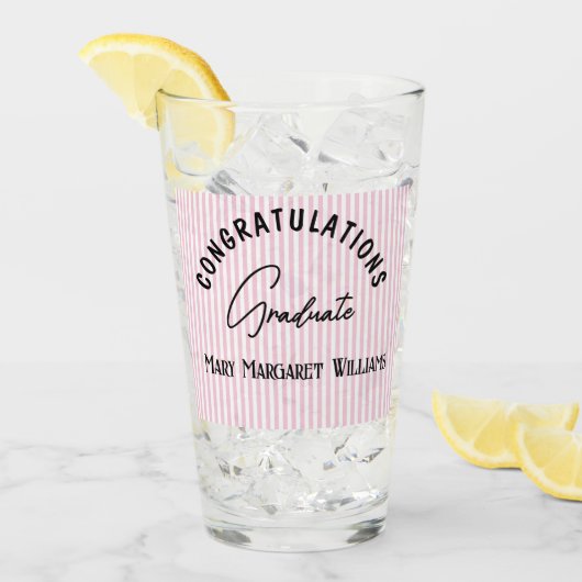Verre Félicitations Diplômé Rayure Rose 16oz (Devant glace)