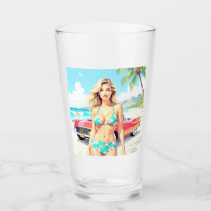 Verre Fille à la plage avec une voiture classique
