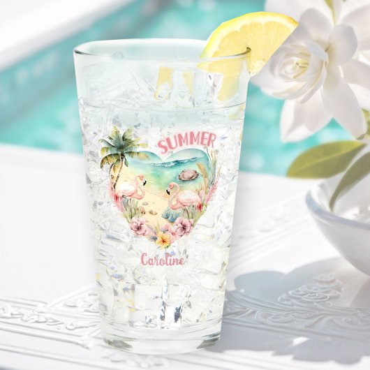 Verre Flamant rose Summer Beach Heart Tropical Pink Nom