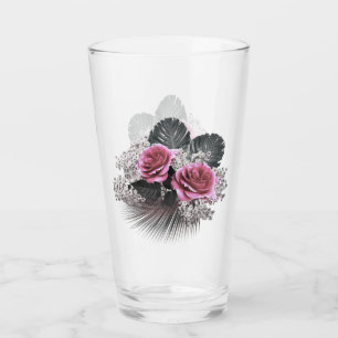 Verre Fleurs roses Feuilles tropicaux