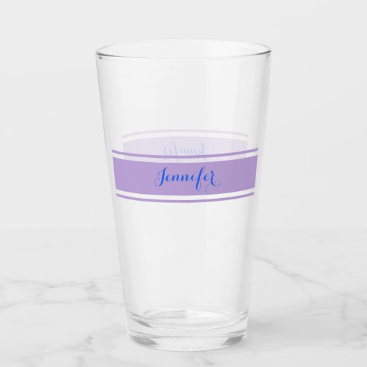 Verre Grand nom de script bleu, Lavender Strips sur blan (Devant)