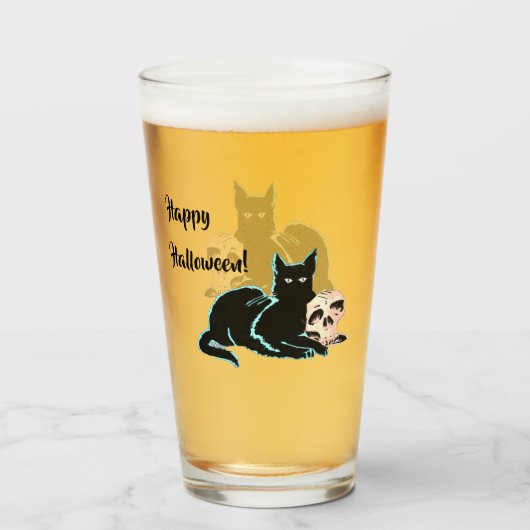 Verre Halloween de chat noir et de crâne (Devant (rempli))