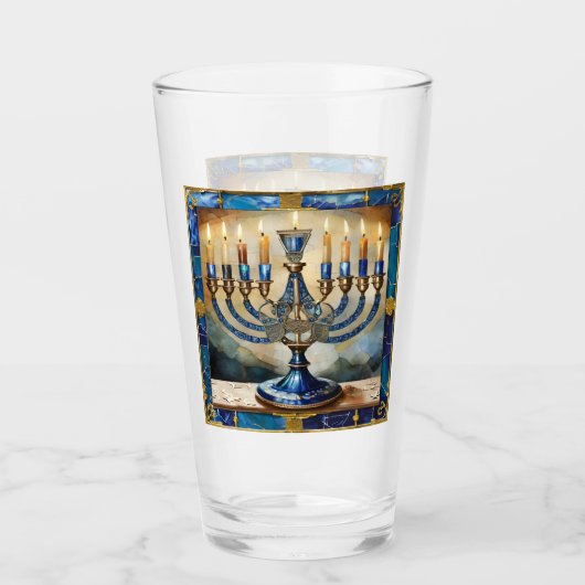Verre Hanoukka bleue Menorah (Devant)