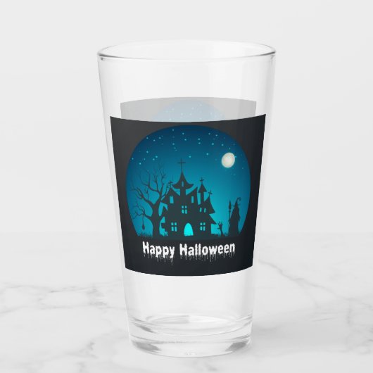 Verre Happy Halloween Maison hantée bleue et noire (Devant)