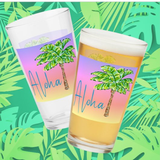 Verre Île tropicale Coucher de soleil Palmier vert Aloha