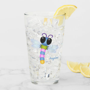 Verre Illustration d'une libellule bleu et rose