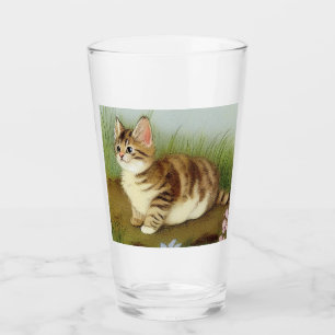 Verre Illustration vintage Kitten avec fleurs