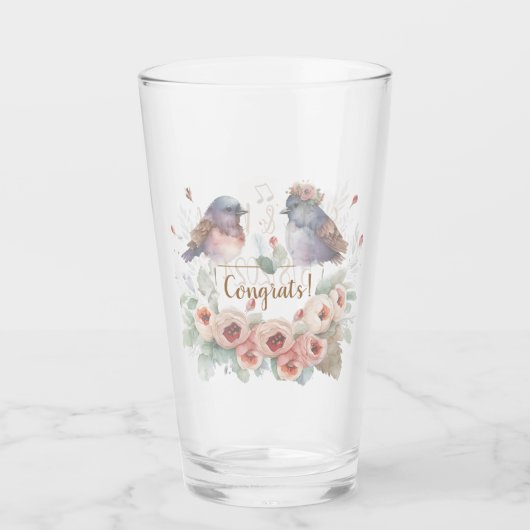 Verre Inséparables aquarelle avec roses pour mariage (Devant)