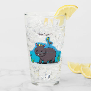Verre Ippopotame drôle mignon avec dessin animé d'oiseau