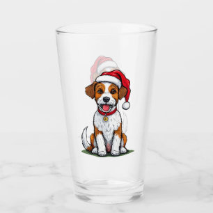 Verre Joli chien avec un chapeau de Père Noël assis et s