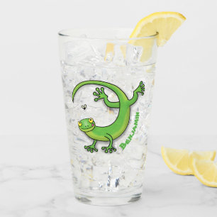 Verre Joli gecko vert salutations avec dessin animé