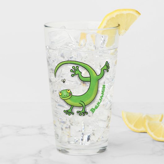 Verre Joli gecko vert salutations avec dessin animé (Dos glace)