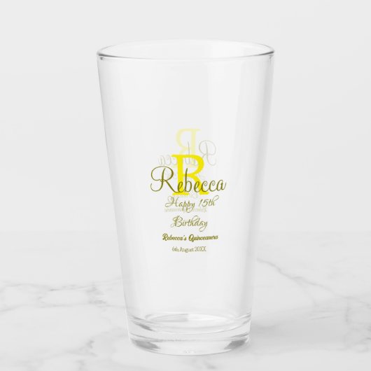 Verre Joyeux 15e anniversaire jaune ajouter nom monogram (Devant)