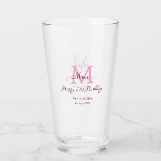 Verre Joyeux 21e Anniversaire rose ajouter nom monogramm (Dos)