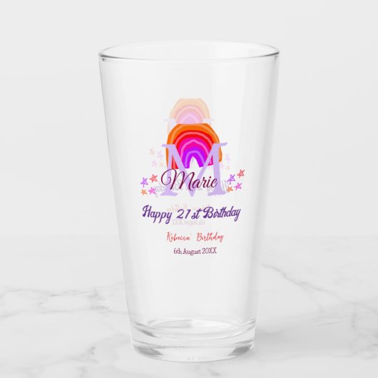 Verre Joyeux 21e anniversaire rose ajouter nom monogramm (Devant)