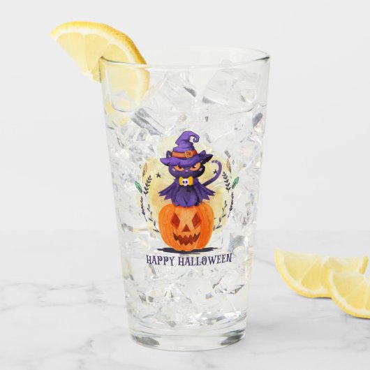 Verre Joyeux Halloween - Chat noir sorcier (Devant glace)