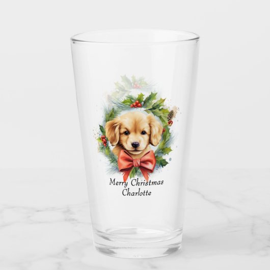 Verre Joyeux Noël mignon Aquarelle Chien Chien Chien Nom (Devant)