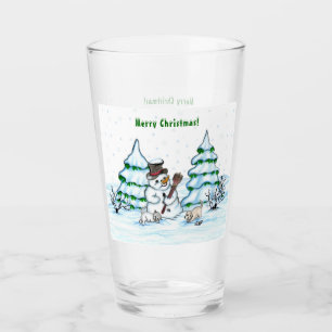 Verre Joyeux Noël ! Snowman avec chat et chiot