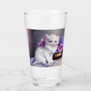 Verre Kitten blanc vintage aux fleurs roses et violettes