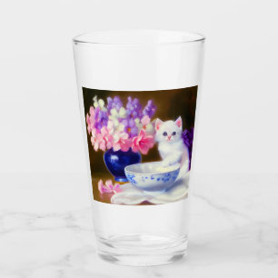 Verre Kitten blanc vintage avec ruban violet