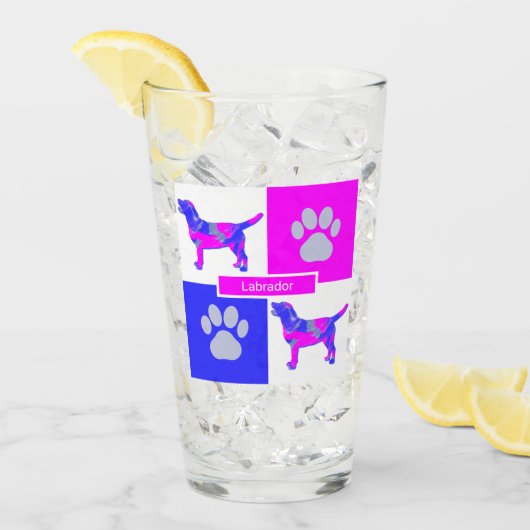 Verre Labrador Retriever Silhouette Chien & Paw Pink Blu (Devant glace)